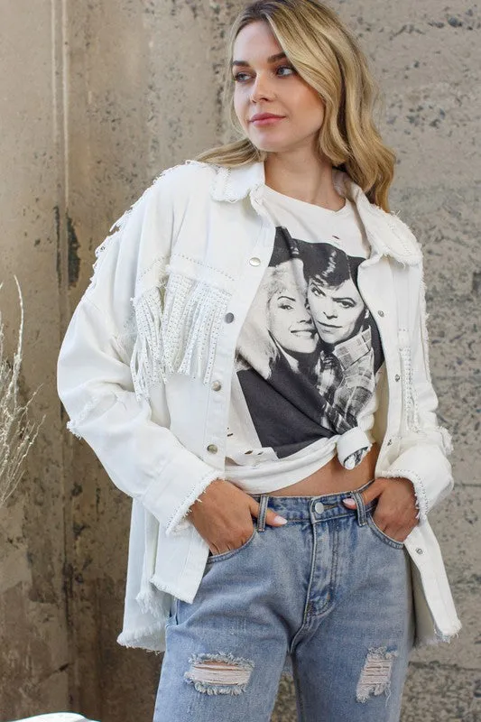 Fringe Shacket with frayed detail.