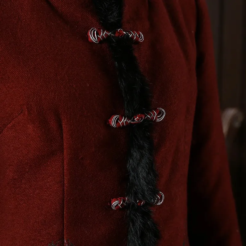 Fur Collar & Cuff Cashmere Wool Chinese Coat with Strap Buttons