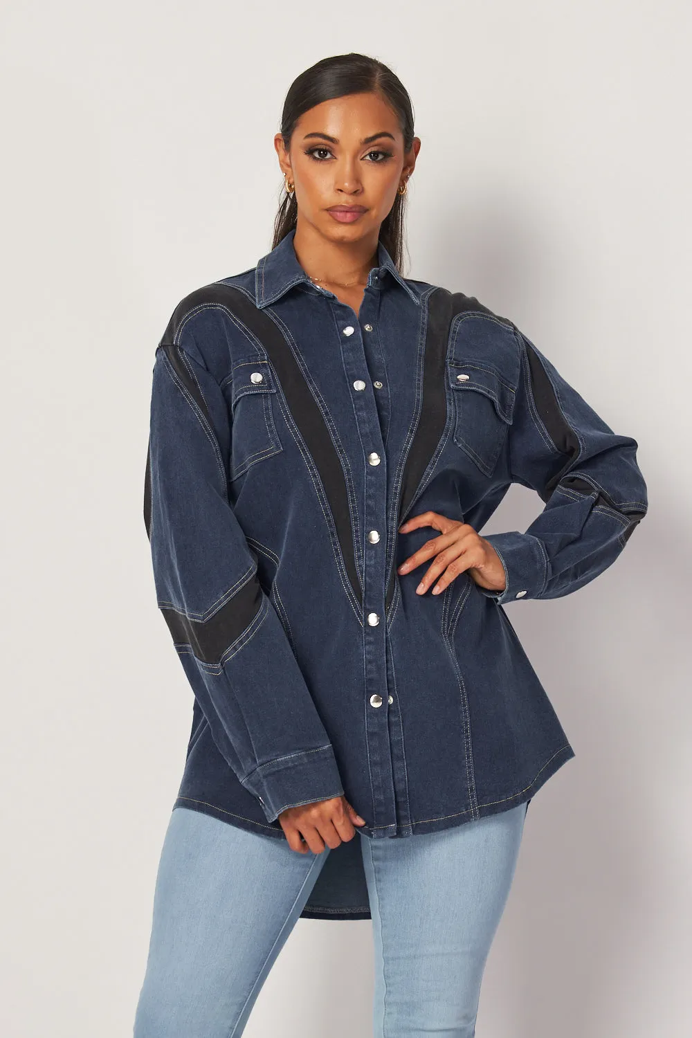 Genesis Contrast Paneled Oversized Denim Shacket