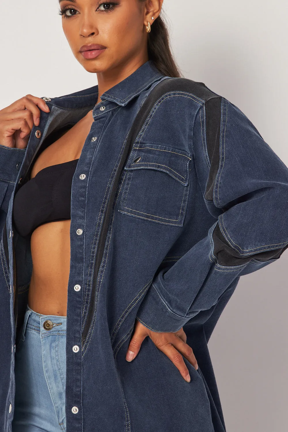 Genesis Contrast Paneled Oversized Denim Shacket