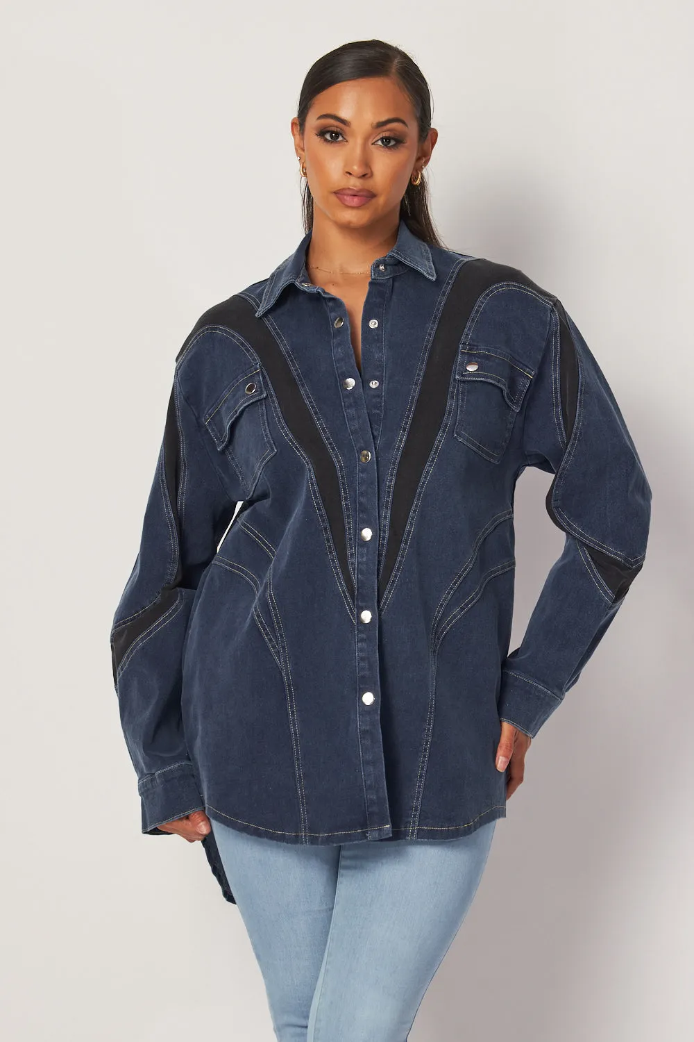Genesis Contrast Paneled Oversized Denim Shacket