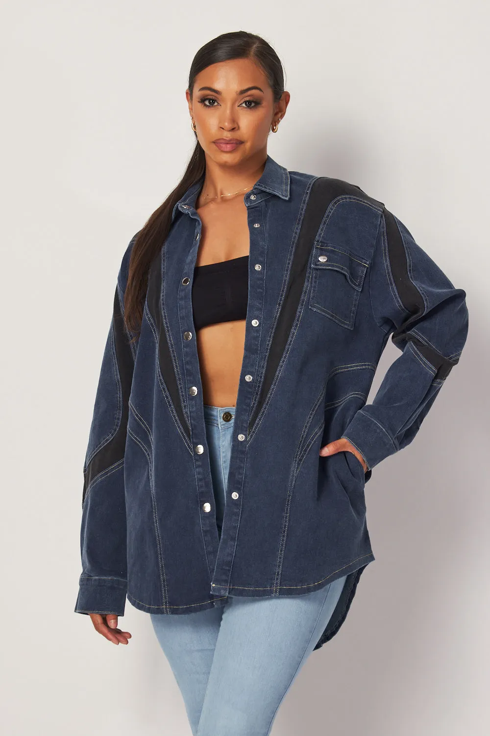 Genesis Contrast Paneled Oversized Denim Shacket