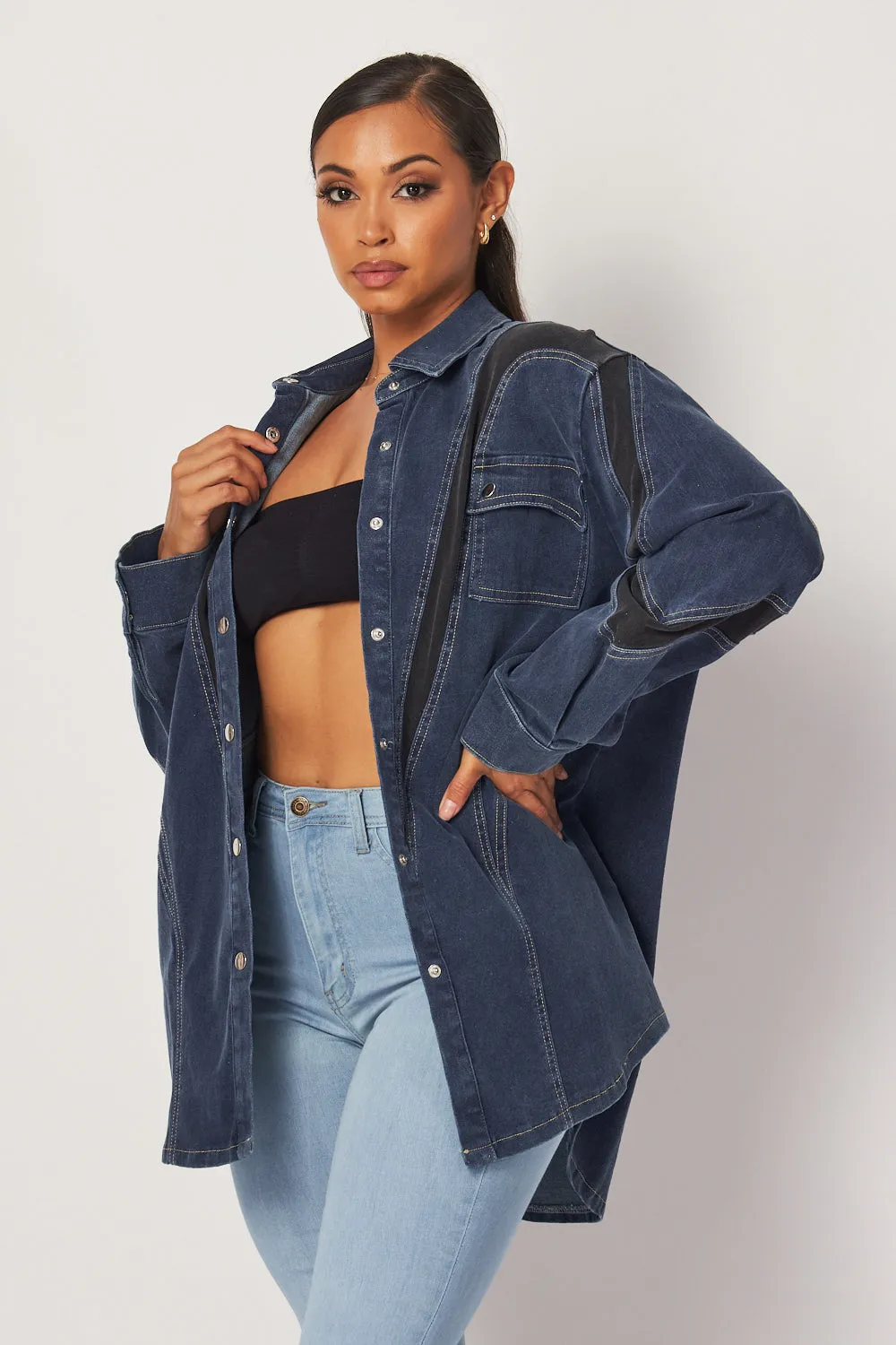 Genesis Contrast Paneled Oversized Denim Shacket