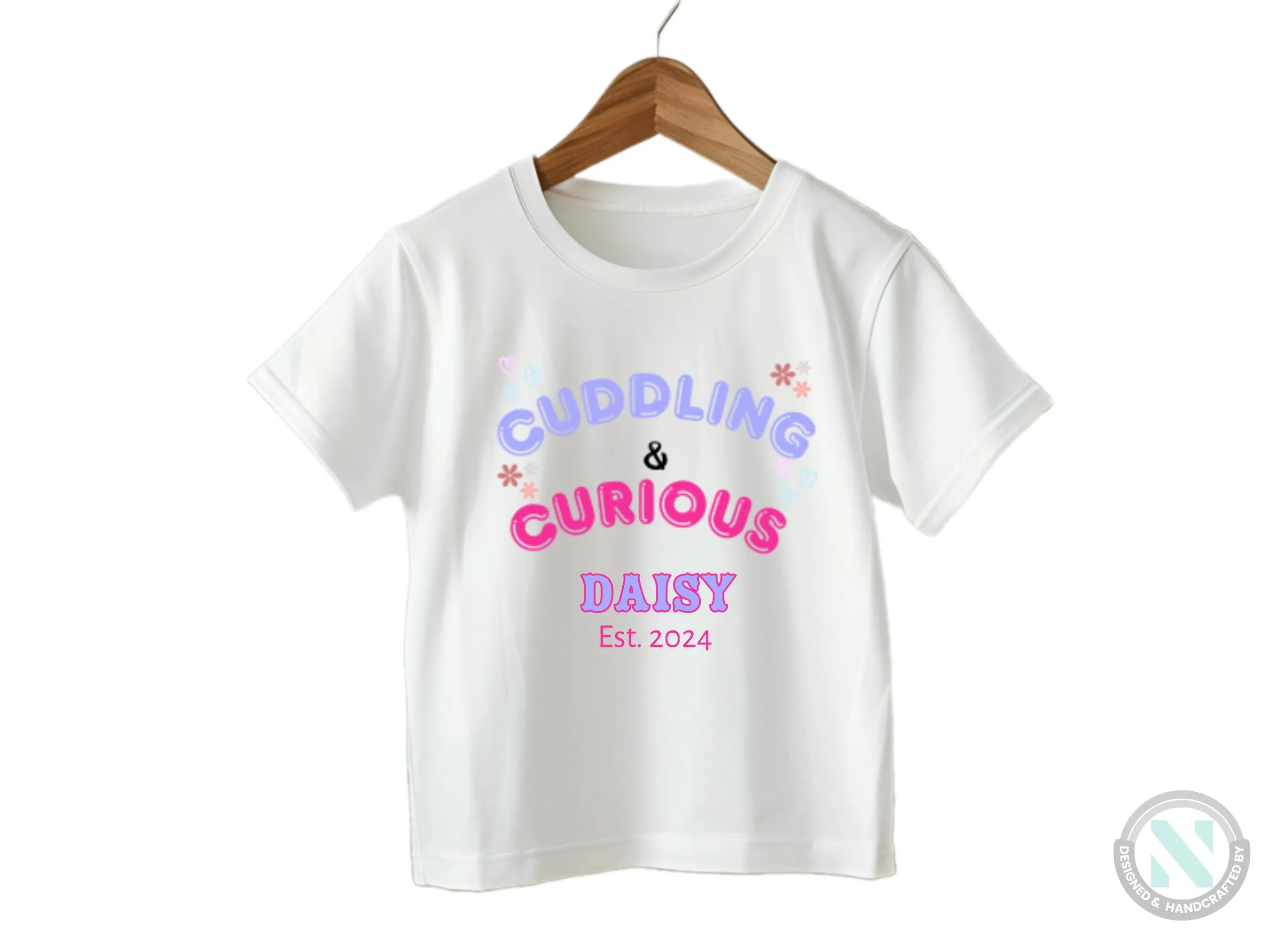 Girls Short Sleeve Custom Name and Date Baby Bodysuit With "Cuddling And Curious"