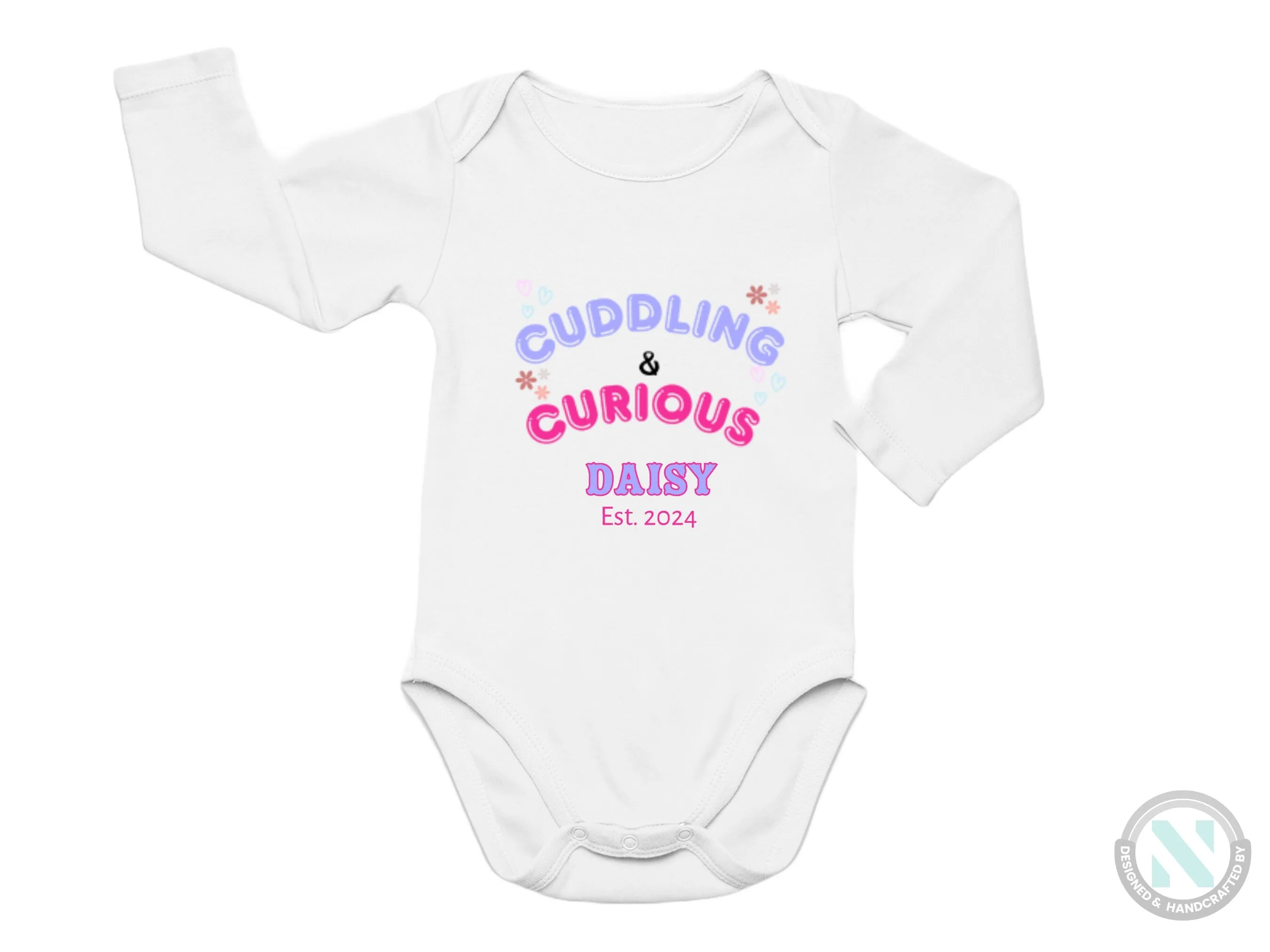 Girls Short Sleeve Custom Name and Date Baby Bodysuit With "Cuddling And Curious"