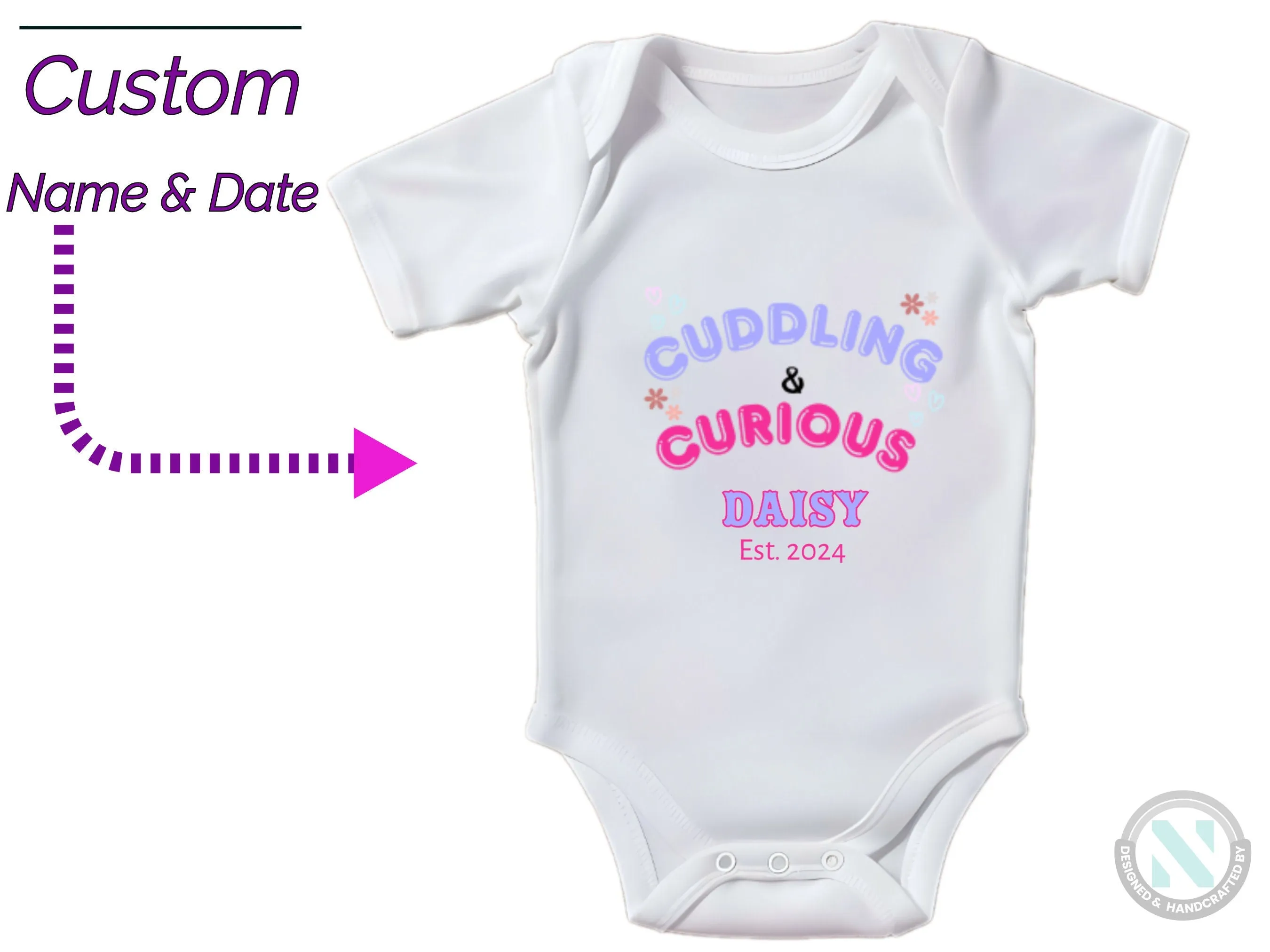 Girls Short Sleeve Custom Name and Date Baby Bodysuit With "Cuddling And Curious"