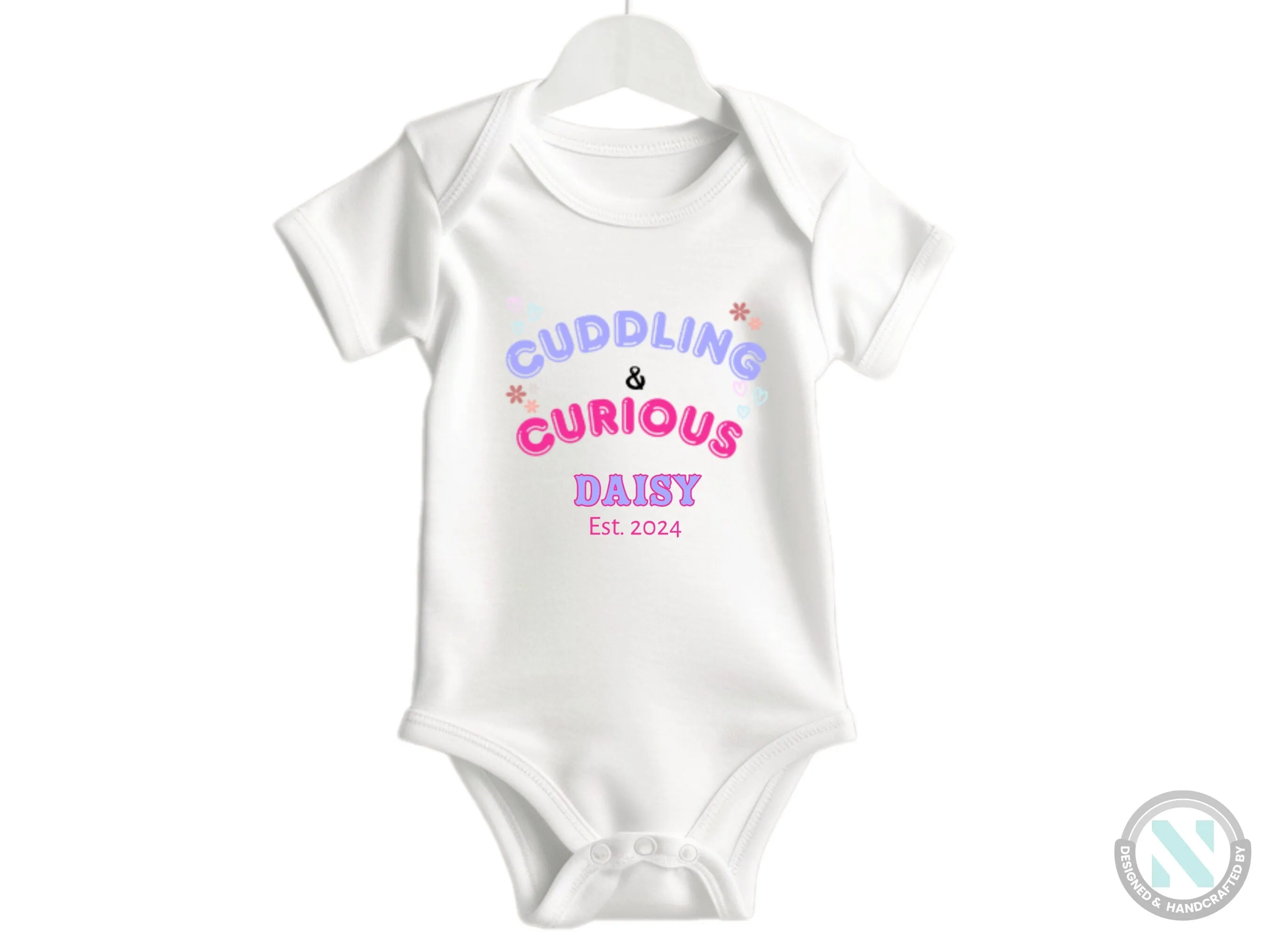 Girls Short Sleeve Custom Name and Date Baby Bodysuit With "Cuddling And Curious"