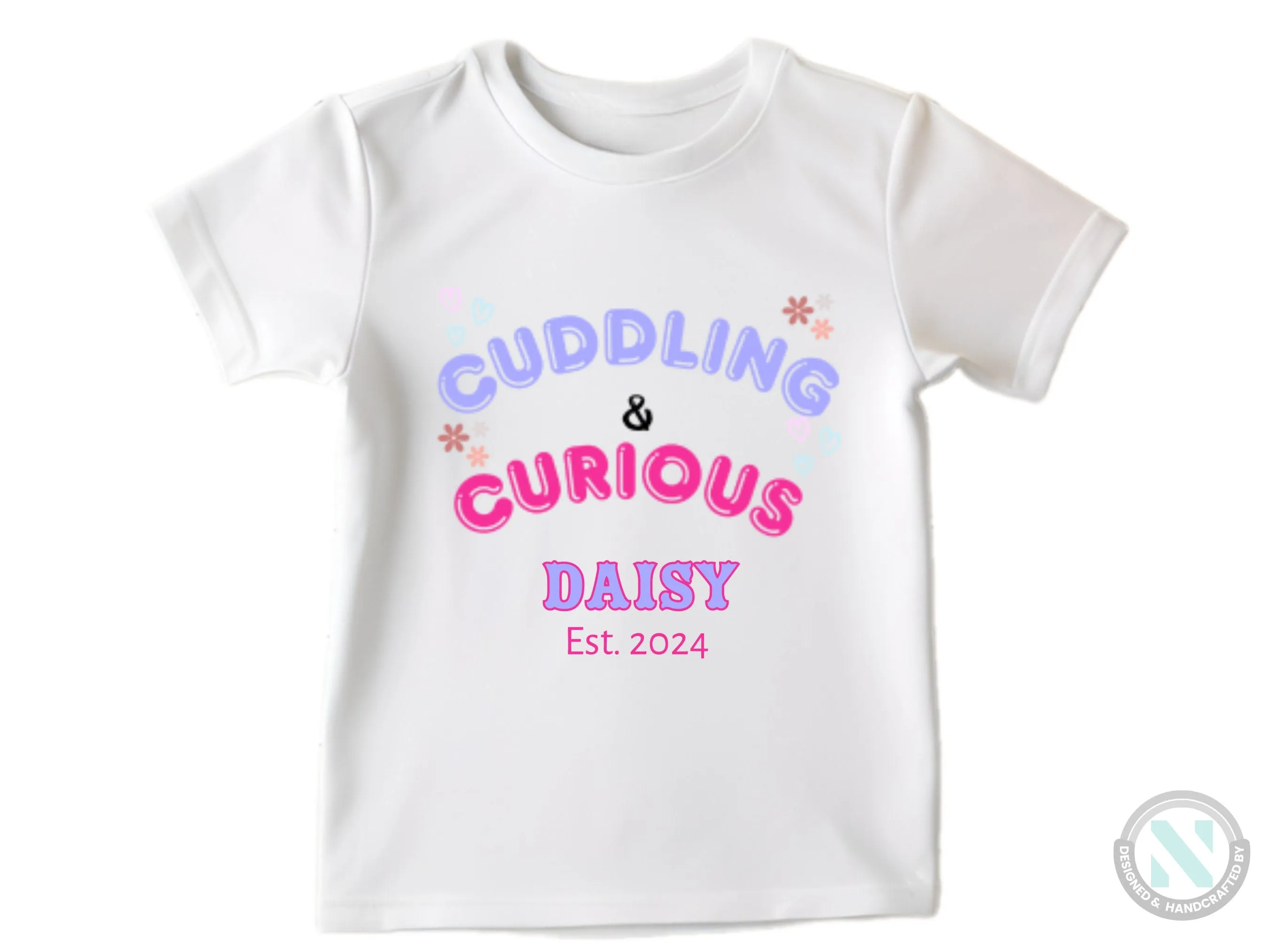 Girls Short Sleeve Custom Name and Date Baby Bodysuit With "Cuddling And Curious"