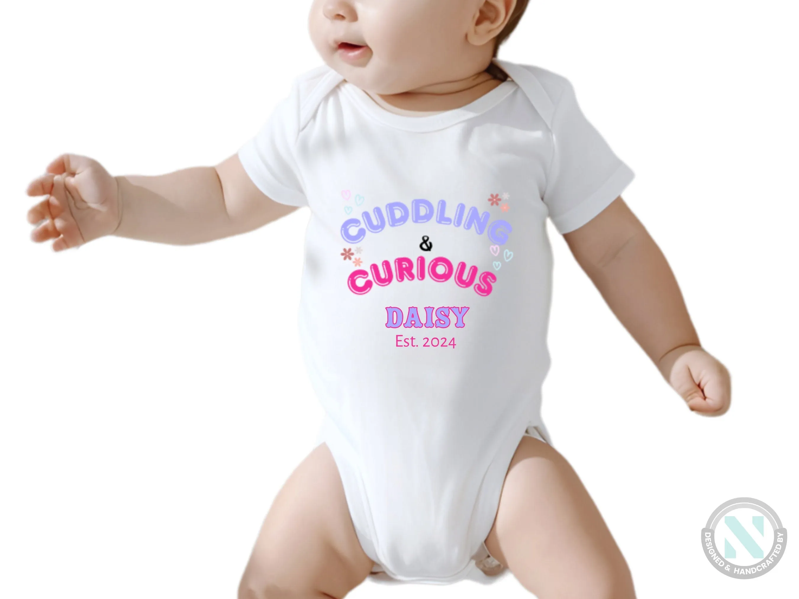 Girls Short Sleeve Custom Name and Date Baby Bodysuit With "Cuddling And Curious"