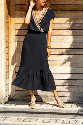 GNS Woman Black Straw Embroidered Skirt Ruffled Long Dress GK-BST2556 - St. Johns