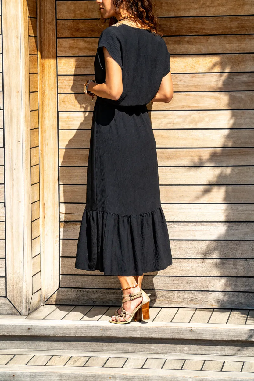 GNS Woman Black Straw Embroidered Skirt Ruffled Long Dress GK-BST2556 - St. Johns