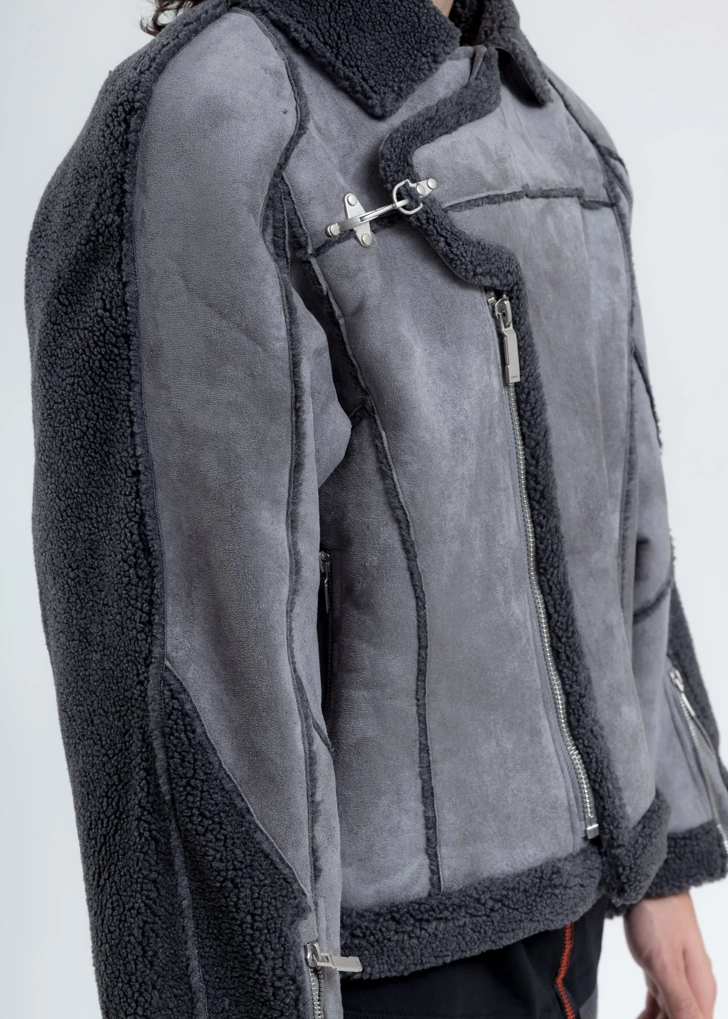 Grey Paneled Streamline Shearling Jacket