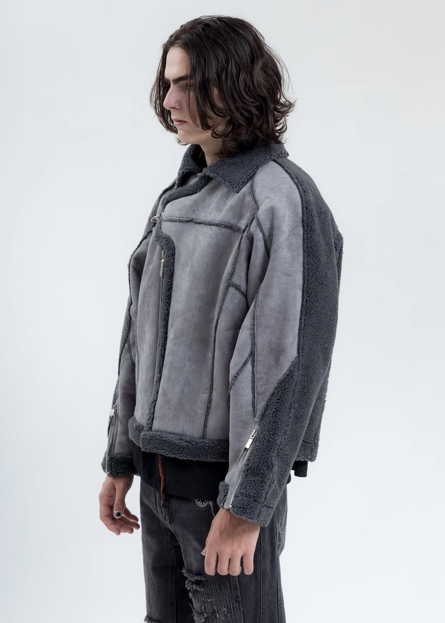 Grey Paneled Streamline Shearling Jacket
