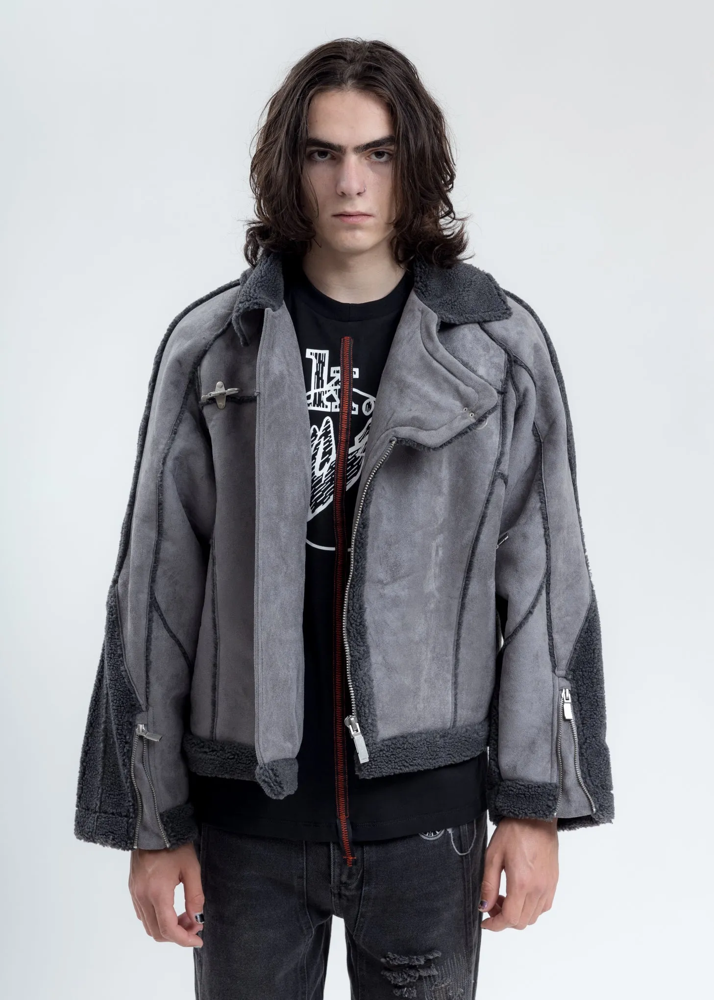 Grey Paneled Streamline Shearling Jacket