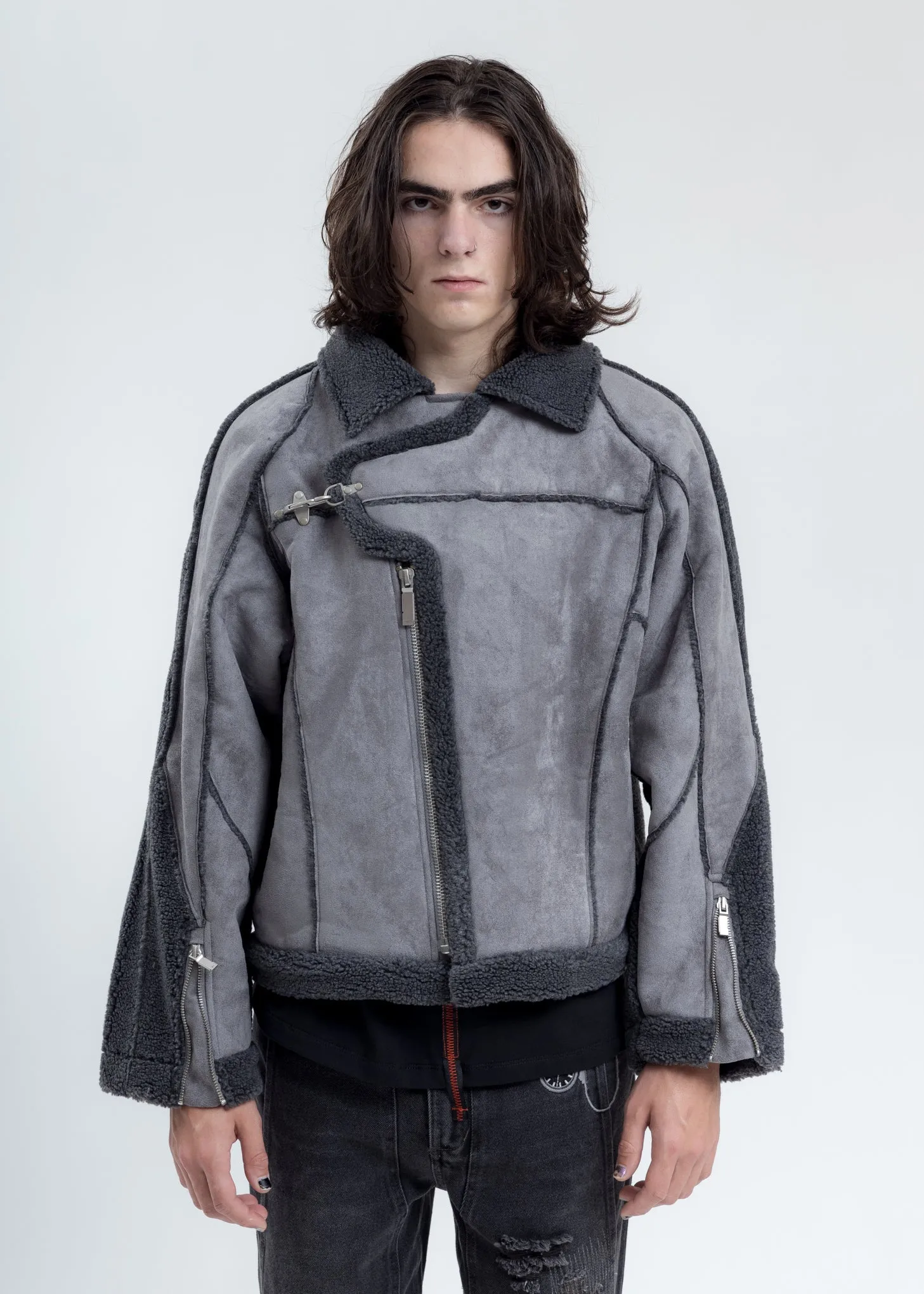 Grey Paneled Streamline Shearling Jacket