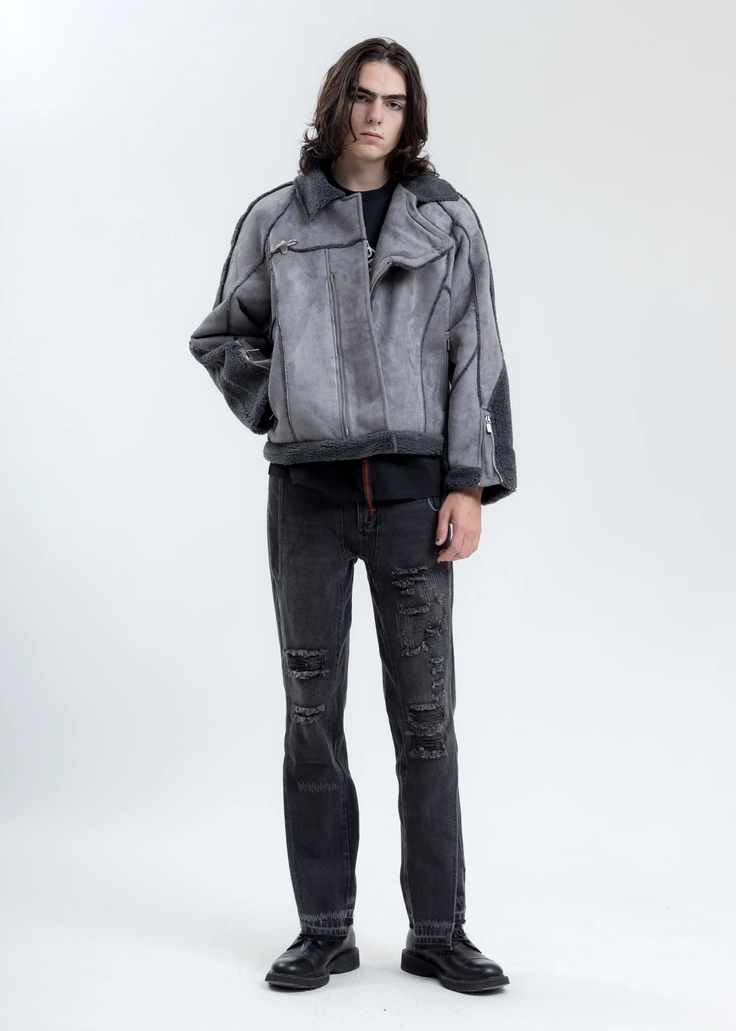 Grey Paneled Streamline Shearling Jacket