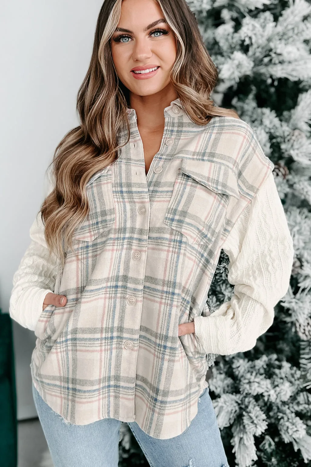 Happy Place Mixed Media Plaid Shacket (Taupe)
