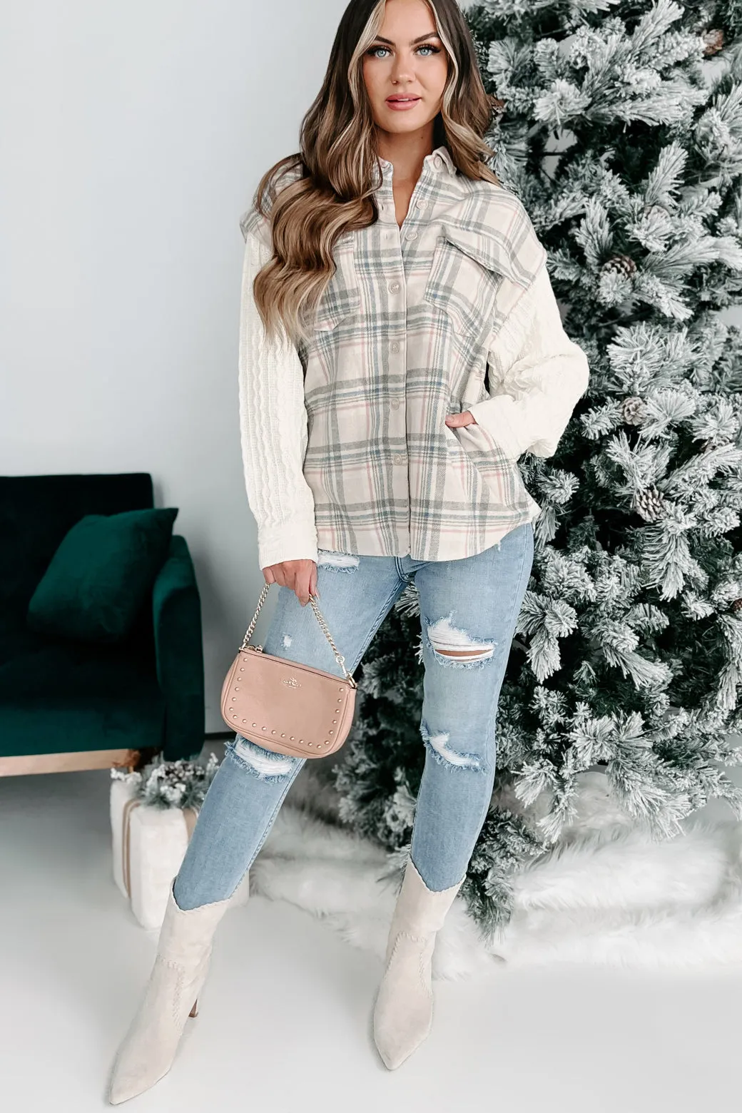Happy Place Mixed Media Plaid Shacket (Taupe)