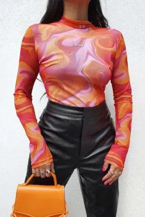High Neck Mesh Bodysuit - Pink/Orange