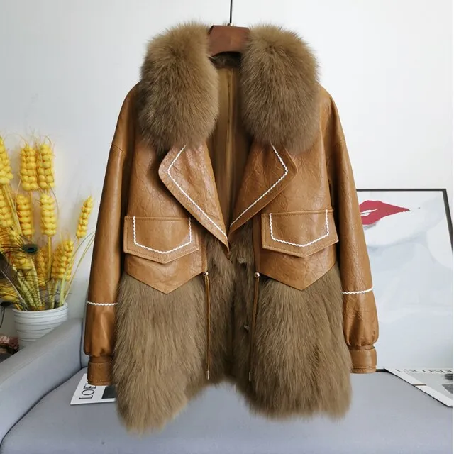 Leather Fox Fur Mid-Length Loose  Genuine Leather Coat