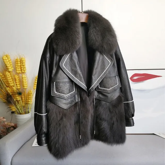 Leather Fox Fur Mid-Length Loose  Genuine Leather Coat