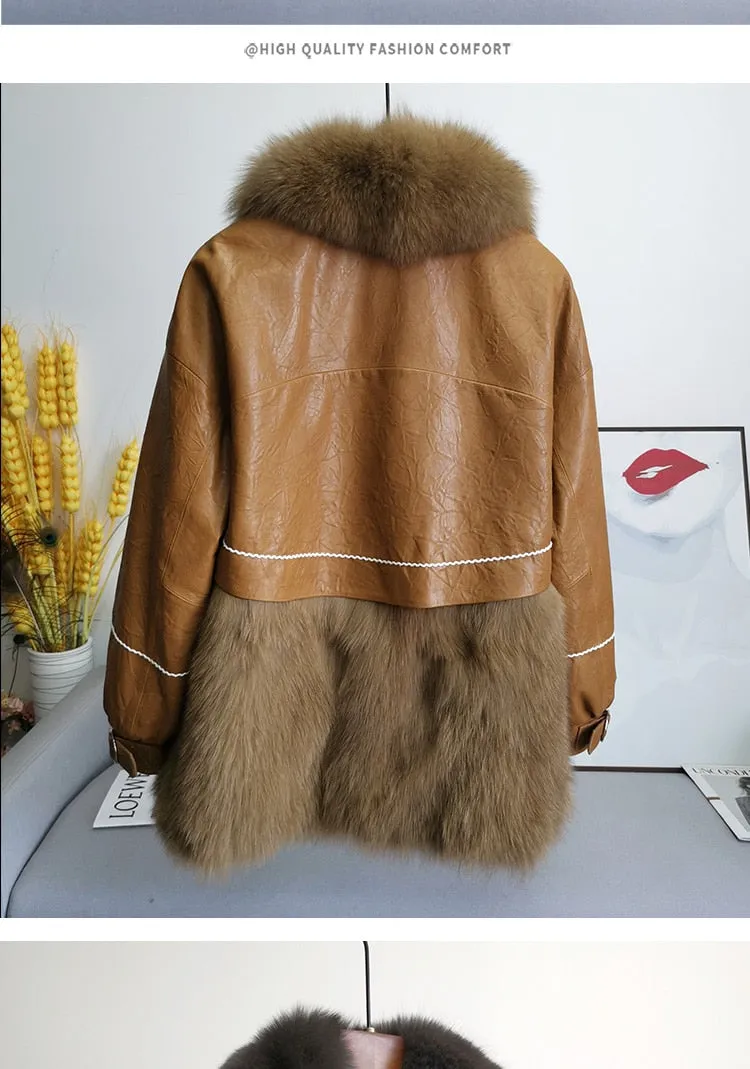 Leather Fox Fur Mid-Length Loose  Genuine Leather Coat