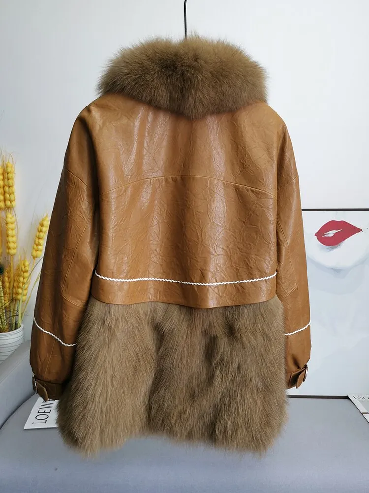 Leather Fox Fur Mid-Length Loose  Genuine Leather Coat