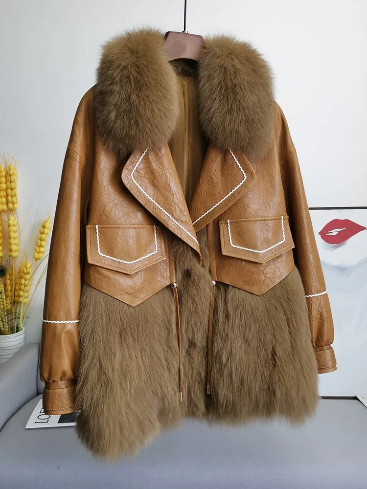 Leather Fox Fur Mid-Length Loose  Genuine Leather Coat