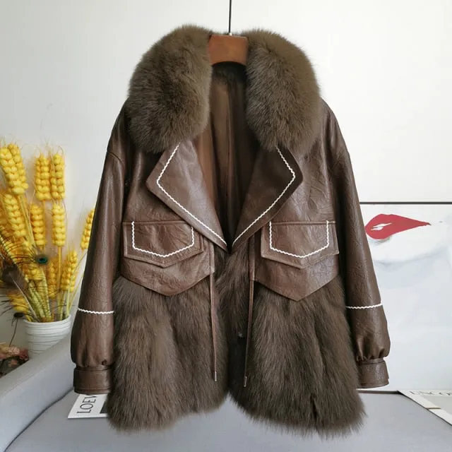 Leather Fox Fur Mid-Length Loose  Genuine Leather Coat