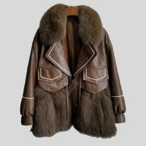Leather Fox Fur Mid-Length Loose  Genuine Leather Coat