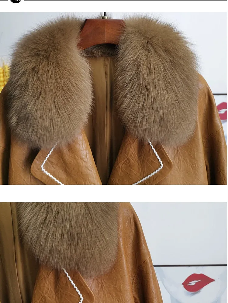Leather Fox Fur Mid-Length Loose  Genuine Leather Coat