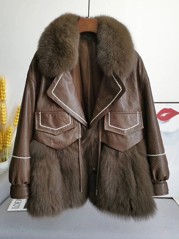 Leather Fox Fur Mid-Length Loose  Genuine Leather Coat