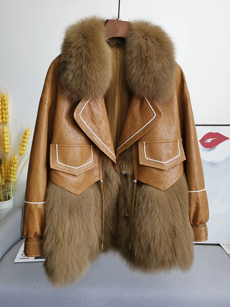 Leather Fox Fur Mid-Length Loose  Genuine Leather Coat