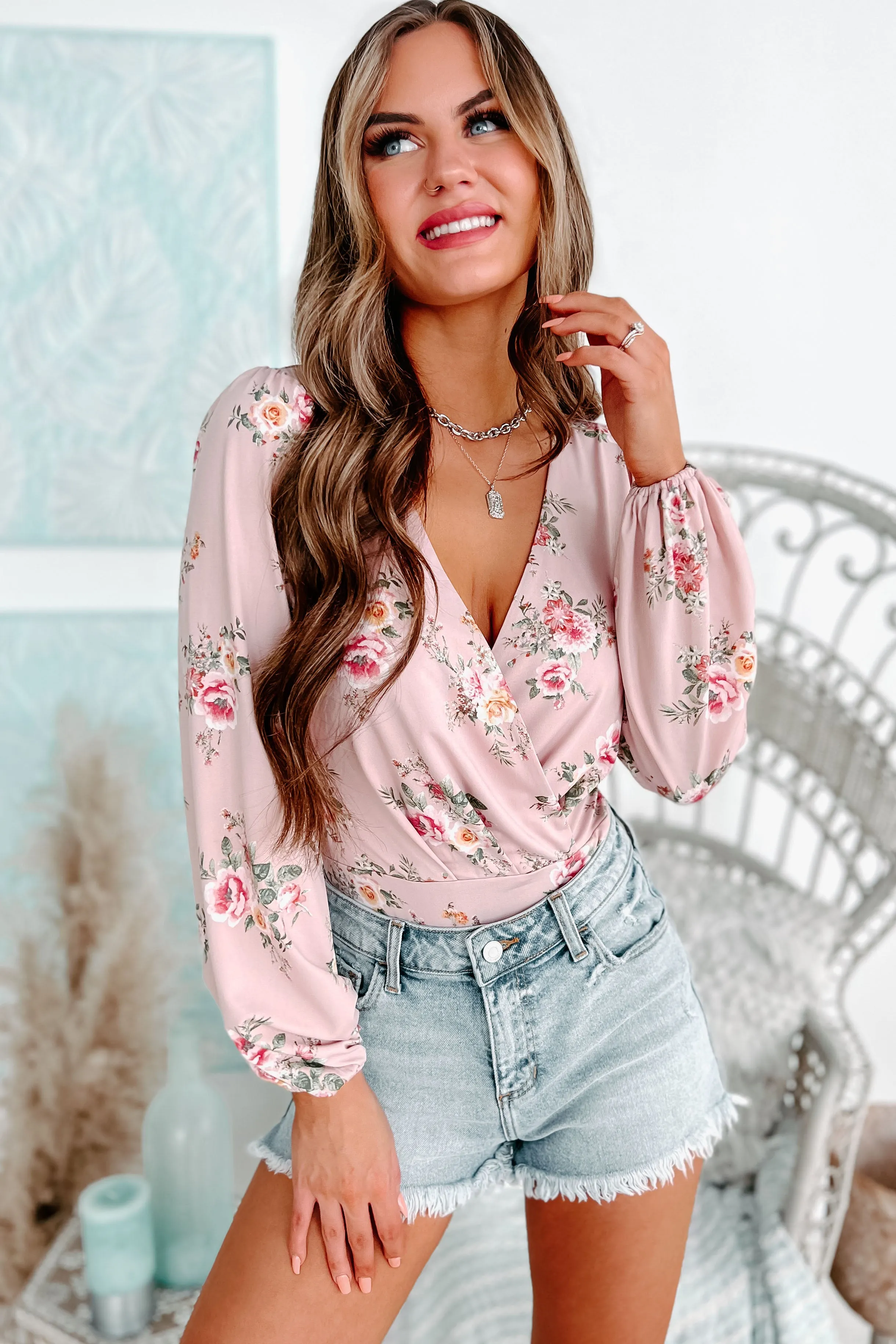 Making It Last Floral Long Sleeve Surplice Bodysuit (Light Mauve)