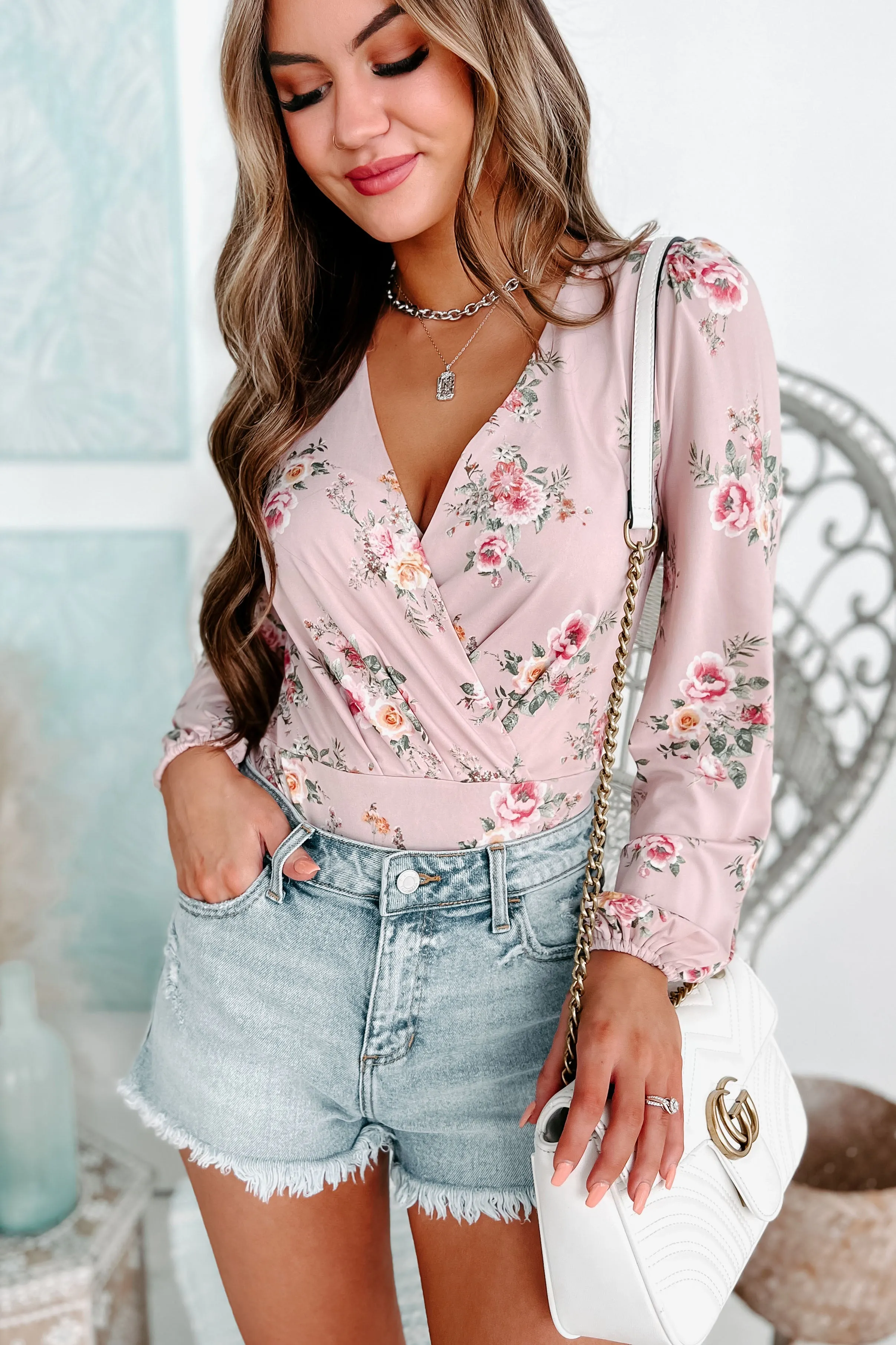 Making It Last Floral Long Sleeve Surplice Bodysuit (Light Mauve)