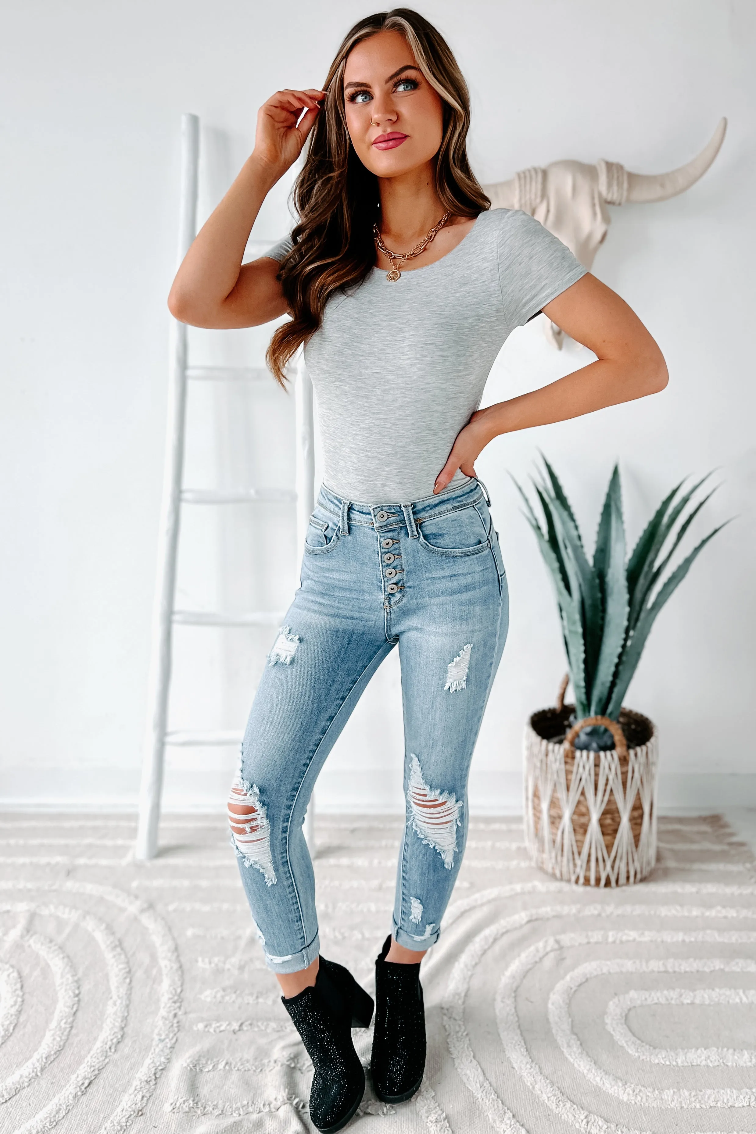 Maliah Short Sleeve Scoop Back Bodysuit (Heather Grey)
