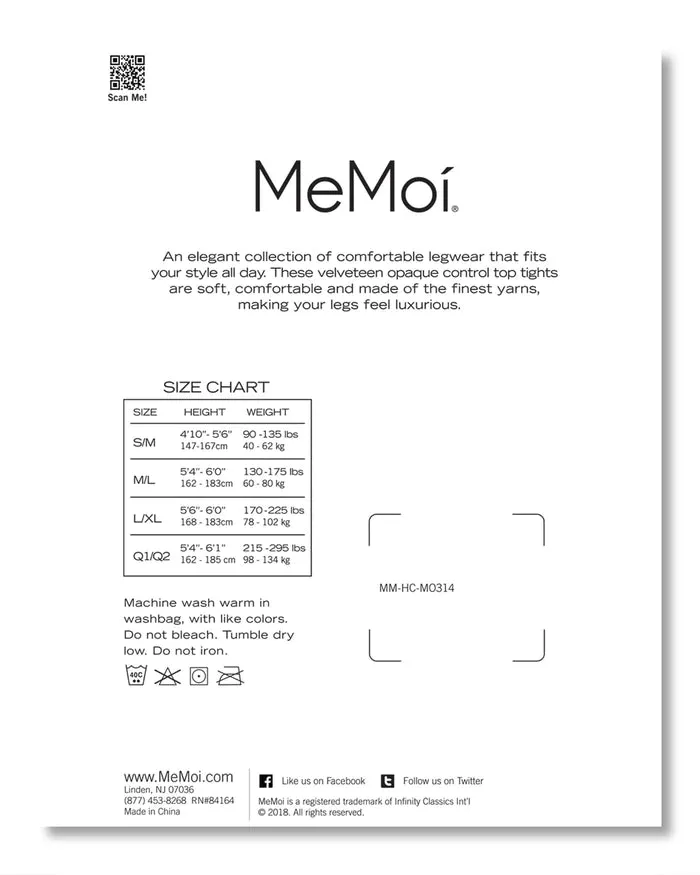 Memoi Velveteen Opaque Control Top Tights, Model MO-314