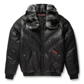 Men's Black V-Bomber Faux Shearling Full Fox Collar Leather Jacket