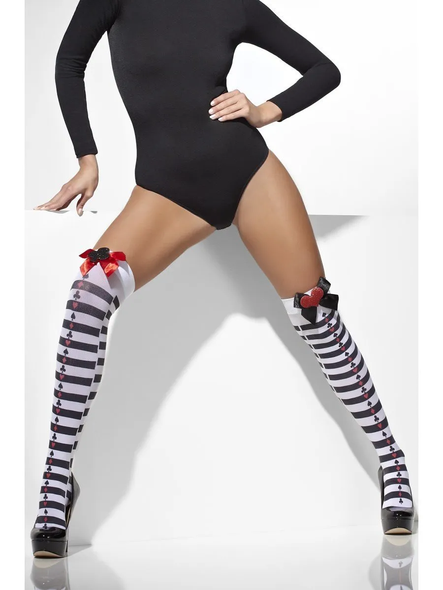 Opaque Hold-Ups, Black & White, Striped with Red Bows