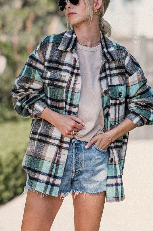 OVERSIZED FLANNEL MINT PLAID SHACKET
