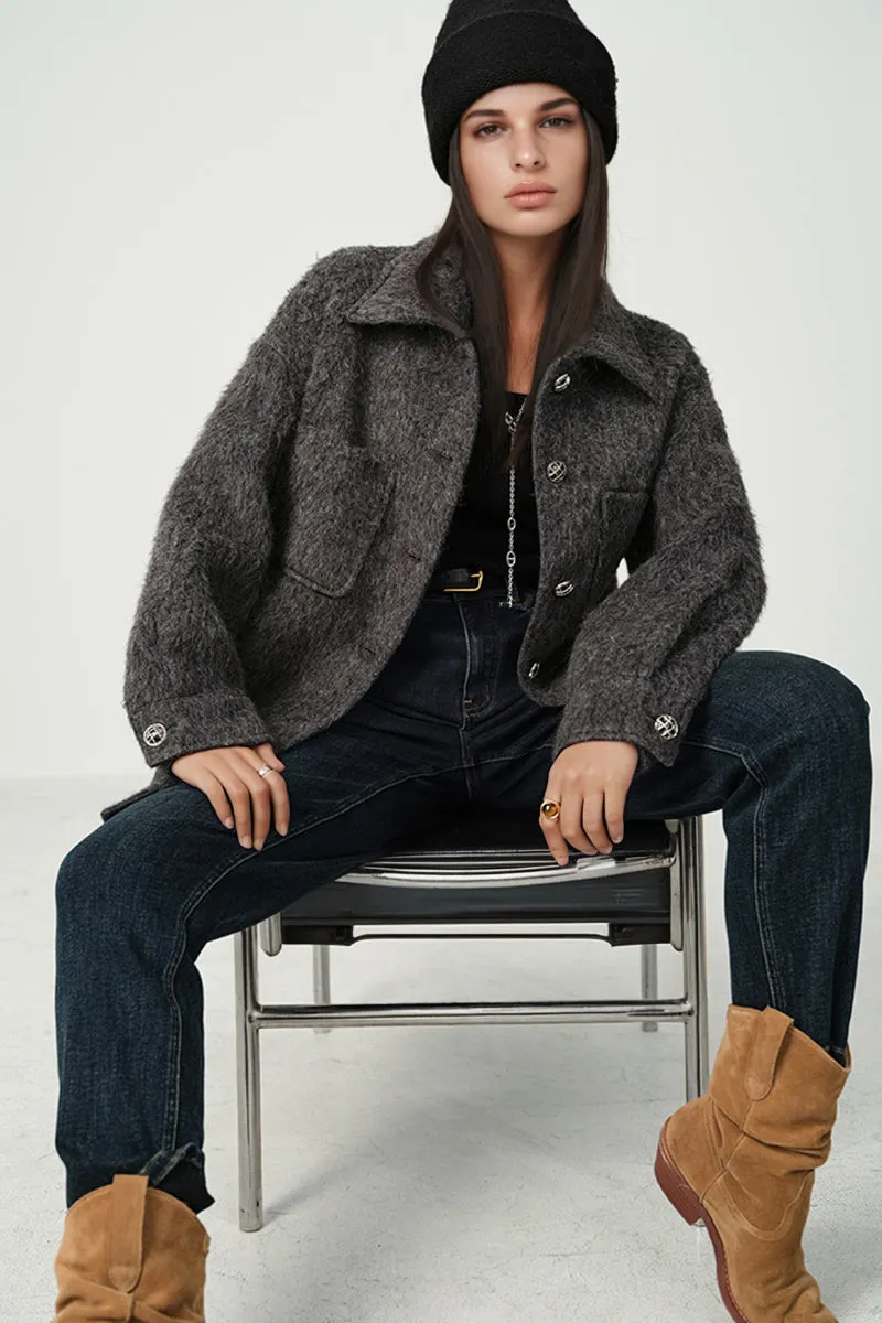 Oversized Wool Blend Textured Utility Shacket in Grey