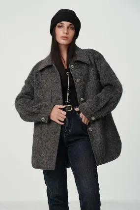 Oversized Wool Blend Textured Utility Shacket in Grey