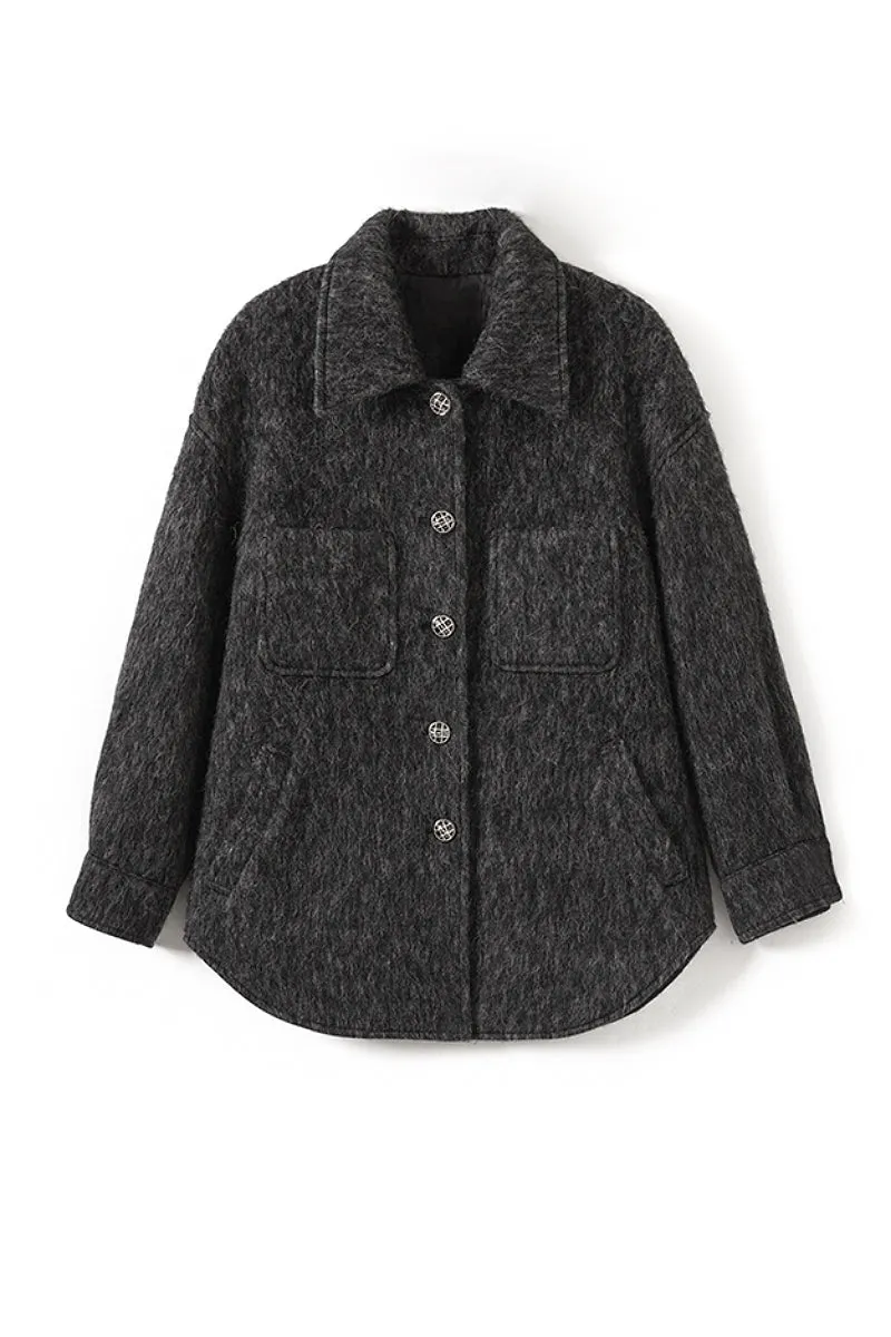 Oversized Wool Blend Textured Utility Shacket in Grey
