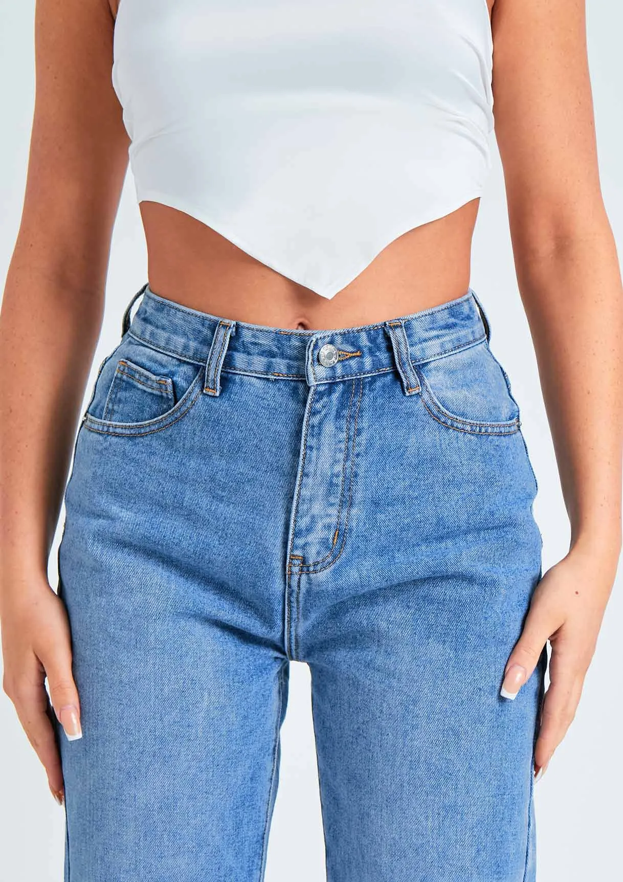 Perrie Denim Mid Wash Straight Leg Split Detail Jeans