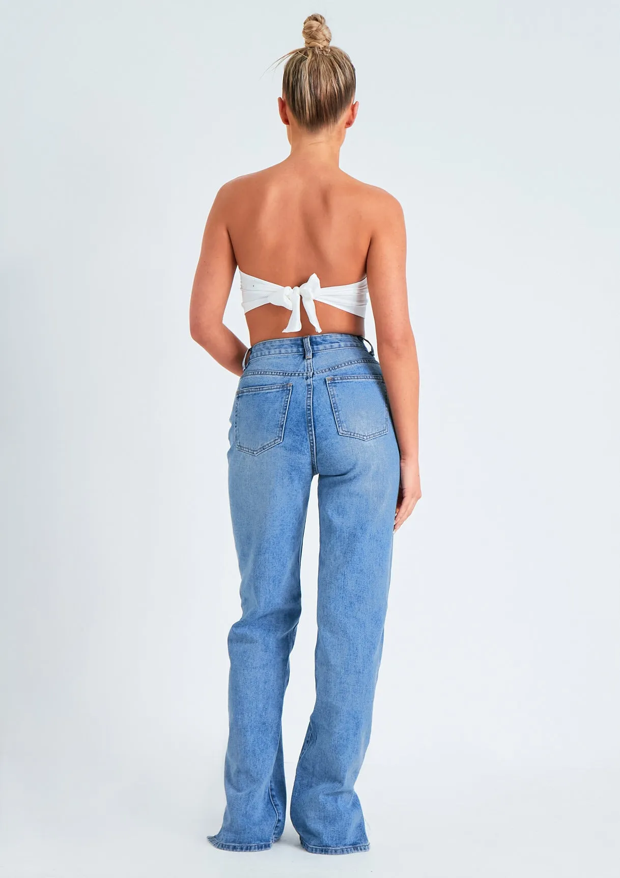 Perrie Denim Mid Wash Straight Leg Split Detail Jeans