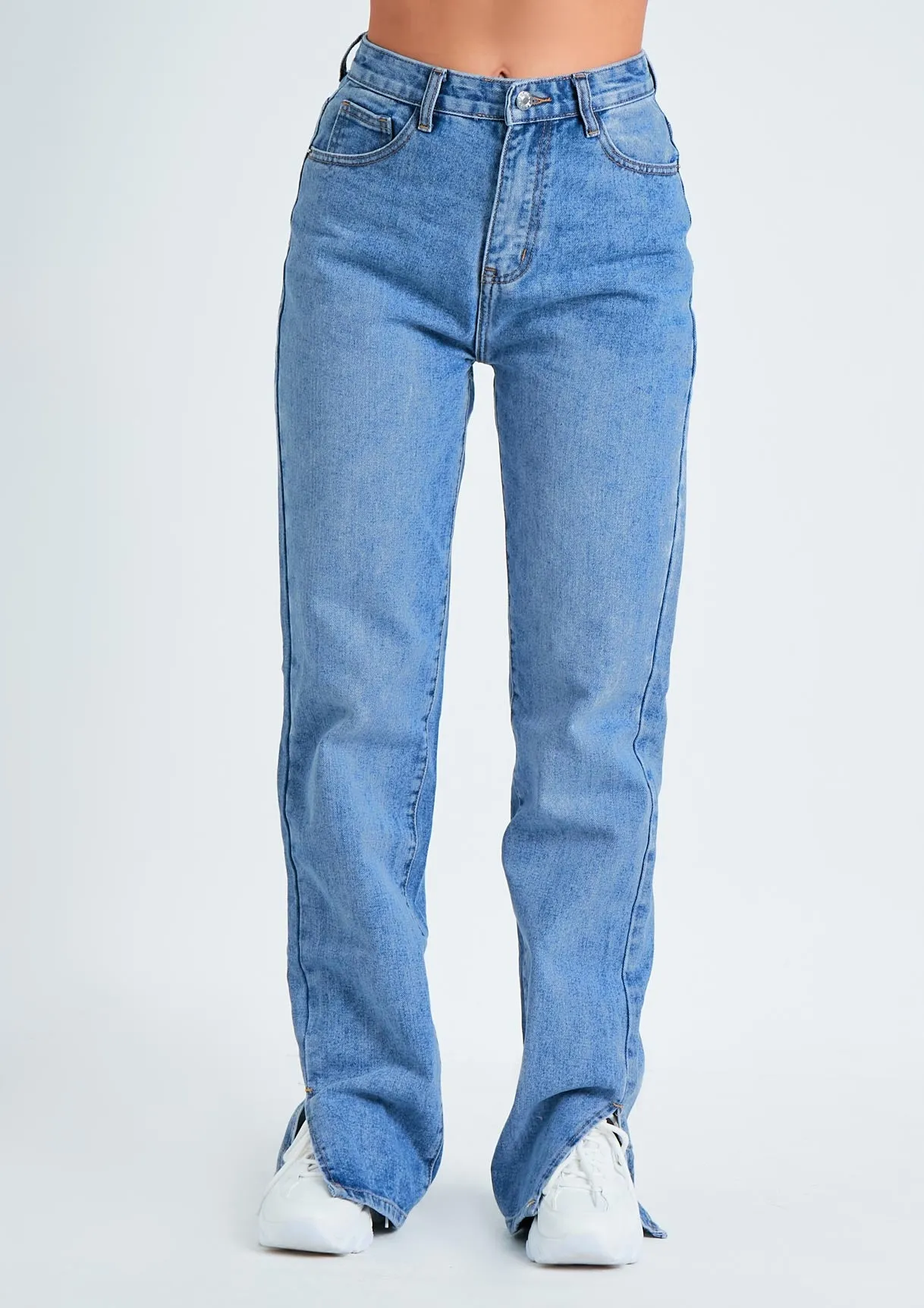 Perrie Denim Mid Wash Straight Leg Split Detail Jeans