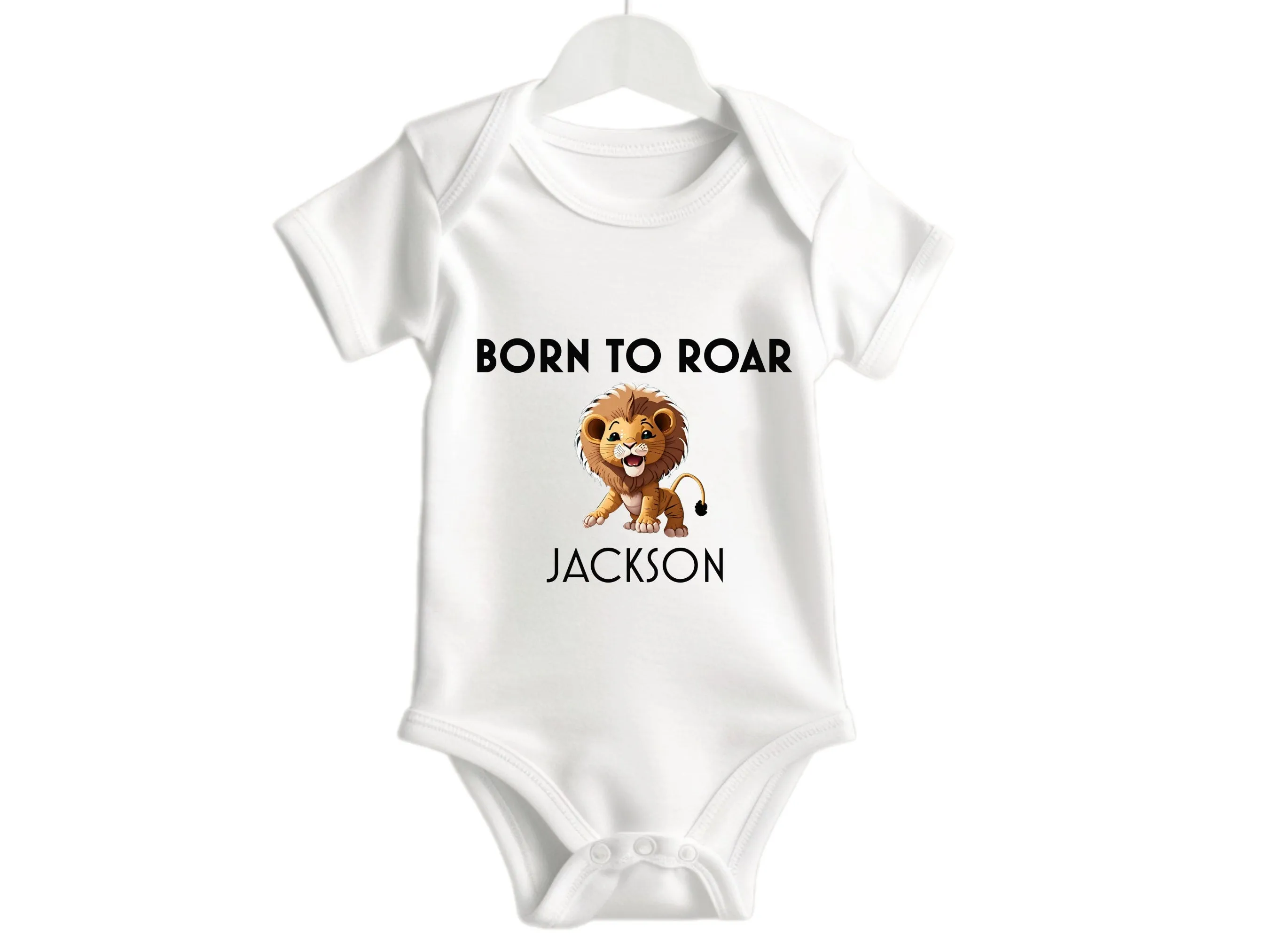 Personalized Name Long Sleeve Bodysuit for Baby Boys in White, Featuring a 'Born to Roar'