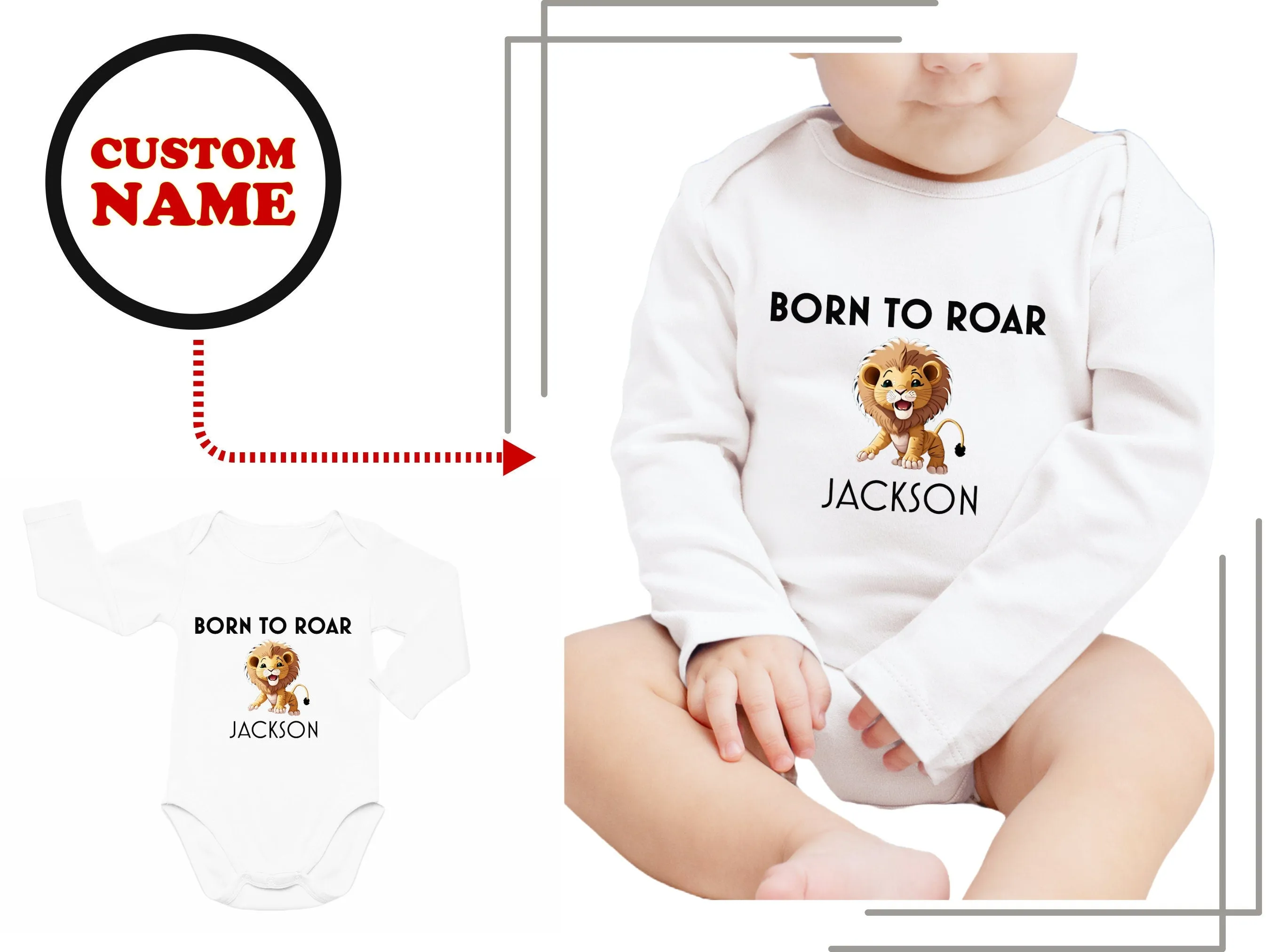 Personalized Name Long Sleeve Bodysuit for Baby Boys in White, Featuring a 'Born to Roar'