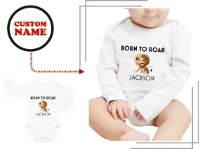 Personalized Name Long Sleeve Bodysuit for Baby Boys in White, Featuring a 'Born to Roar'