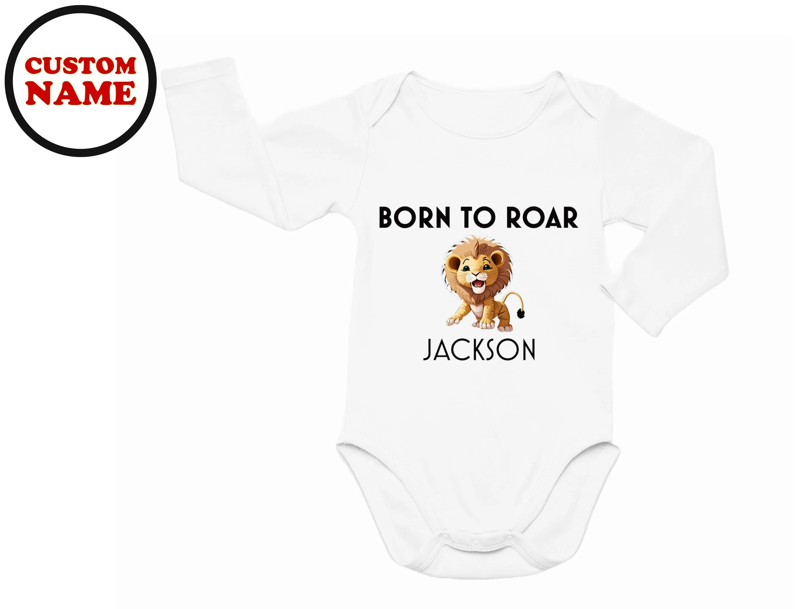 Personalized Name Long Sleeve Bodysuit for Baby Boys in White, Featuring a 'Born to Roar'